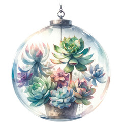 Succulent and Cactus, A watercolor painting of succulent plants in a hanging glass globe, PNG Clipart, High Quality Transparent Backgrounds