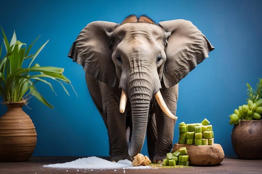 elephant eating sugar cane on blue background