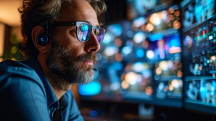 Charismatic cybersecurity CEO on a video call with global partners, multitasking with various tech devices