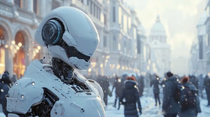 Fototapeta premium Concept art of an AI robot in a human-like form, interacting with people, blending in seamlessly with society