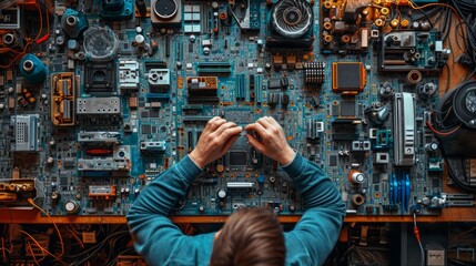 Detailed view of a computer engineer assembling hardware components, focused and precise, with tools and parts spread out