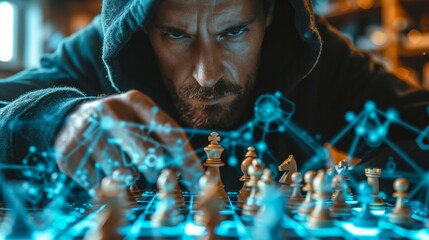 Dramatic portrayal of a hacker versus cybersecurity expert, a digital chess game representing strategic defense and attack