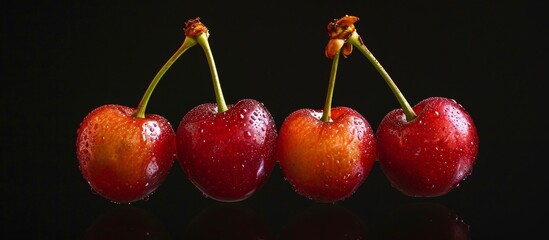Macros of four cherry berries, isolated on a black background