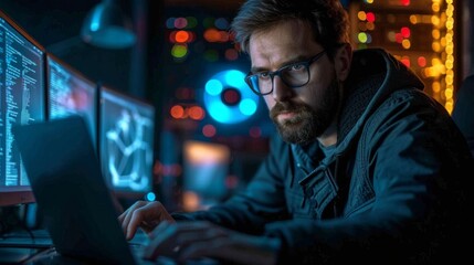 Ethical hacker in a corporate setting, working on a laptop, collaborating with a cybersecurity team, professional and legitimate
