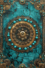 Vintage mandala with turquoise and golden accents, mystical background for tarot card cover