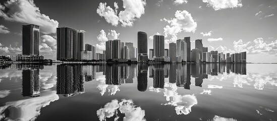 Black and white reflections showcase the architecture of Miami's downtown skyline.