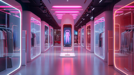 Retail in a smart world, a futuristic shopping experience with virtual fitting rooms, personalized AI shopping assistants - obrazy, fototapety, plakaty