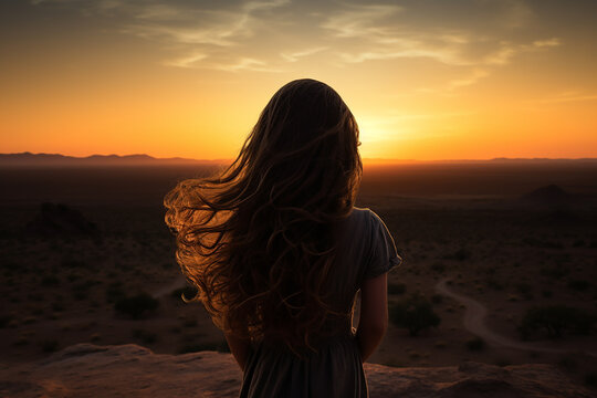Generative AI Image of Back View of Little Girl in Desert at Sunset