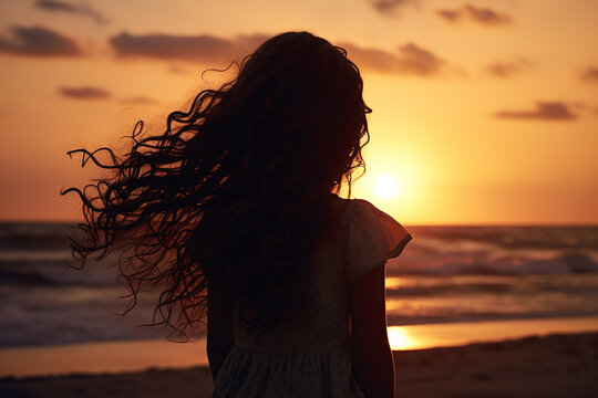 Generative AI Image of Back View of Little Girl on the Beach at Sunrise
