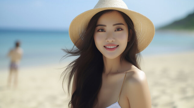 Seaside Serenity: Elegant Woman in a Straw Hat on the Beach
