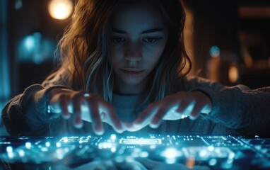 Young Person Engaging with Futuristic Interface