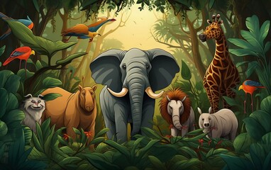 Cartoon cute animals in the forest vector illustration

