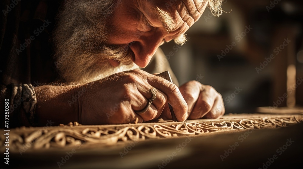 Wall mural closeup of a skilled craftsman carving intricate designs on a wooden sculpture.