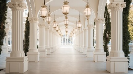 Elegant Lanterns Adorning a Classical White Arcade