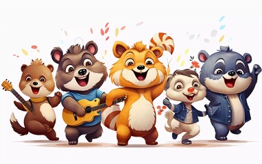 cute animal illustration. of cute happy smiling animals dancing, isolated vector clipart

