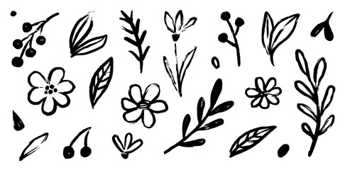 Flower doodle hand drawn line stroke. Sketch hand drawn spring floral plant, nature graphic leaf, scribble grunge brush texture. Vector simple flower, leaf brush stroke. Vector illustration - obrazy, fototapety, plakaty
