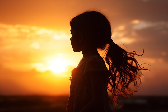 Generative AI Image of Silhouette of Little Girl with Golden Sky at Sunset