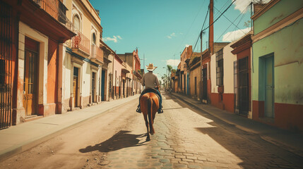 Man riding a horse in a Mexican city street wearing a cowboy hat