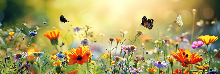 Morning meadow landscape with flowers and butterflies