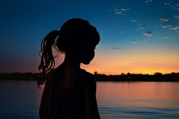 Generative AI Image of Silhouette of Little Girl with Sea Landscape at Sunrise
