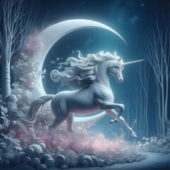 Obraz na płótnie Canvas A graceful unicorn in a mystical forest in moonlight white and fairy dust pink. 