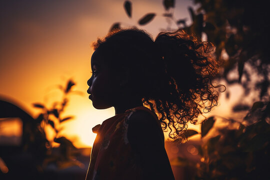 Generative AI Image of Silhouette of African Little Girl in Field at Sunset