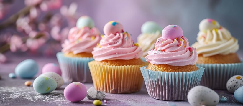 Colorful horizontal photos of delicious Easter cupcakes adorned with cute sugar eggs, perfect for consumption.
