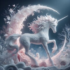 A graceful unicorn in a mystical forest in moonlight white and fairy dust pink.
