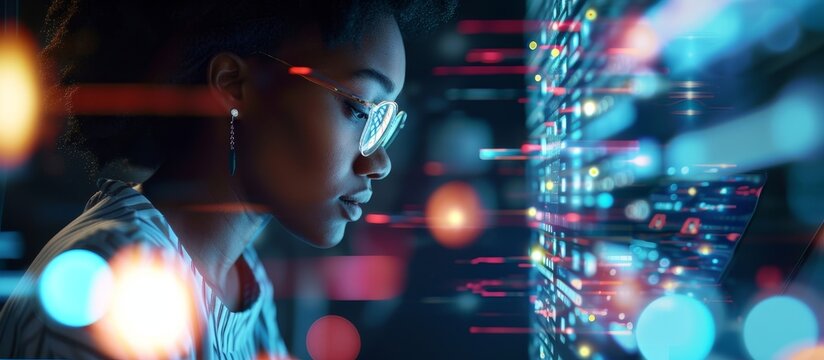 A black woman researching fintech, cryptocurrency, and stock trading online, using a laptop, data, and holographic technology in a futuristic cyber network for business purposes.