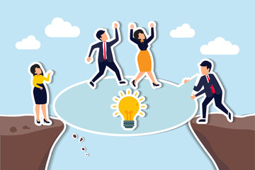 Advice, suggestion or solution to solve business problem, instruction or guidance to overcome difficulty or answer concept, businessman advisor talking with speech bubble to help people cross the gap.