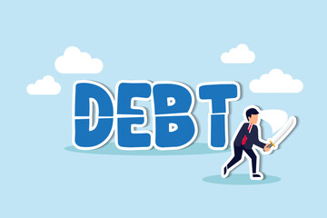 Cut debt, negotiate with bank or debtor to reduce amount of loan and mortgage payment, solution for money management concept, smart confidence businessman cutting or slice the word DEBT in half.