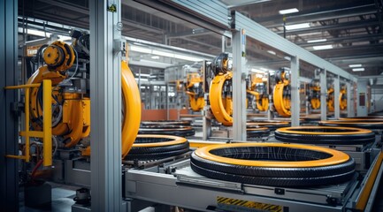 A factory with many tires on a conveyor belt. Generative AI.