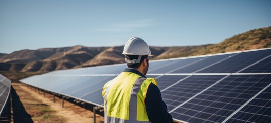 A man in a hard hat standing in front of solar panels. Generative AI.