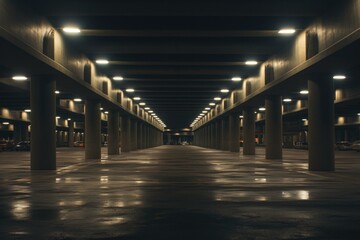 An empty parking garage with lights on. Generative AI. - Powered by Adobe