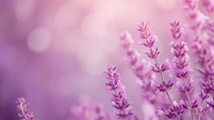 Lavender flowers in a field with sunlight shining through. Generative AI.