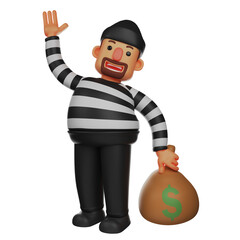   3D illustration. Thief 3D Cartoon Character waving. carrying a money bag. has a thick beard. 3D Cartoon Character