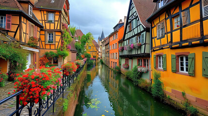 Medieval European Townscape with Canals, Historic Houses, and Charming Streets