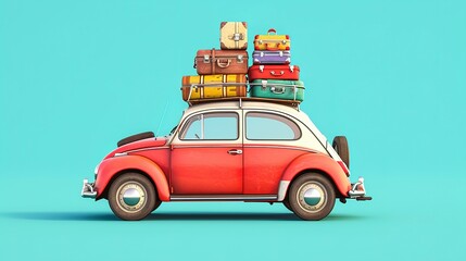 Travelling by car. Retro car with luggage on the roof. Car on the road with a lot of suitcases on roof. Family travel on vacation