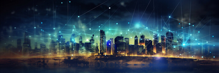 illustration of the internet network that fills the city at night - obrazy, fototapety, plakaty