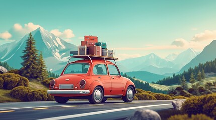 Travelling by car. Retro car with luggage on the roof. Car on the road with a lot of suitcases on roof. Family travel on vacation - obrazy, fototapety, plakaty