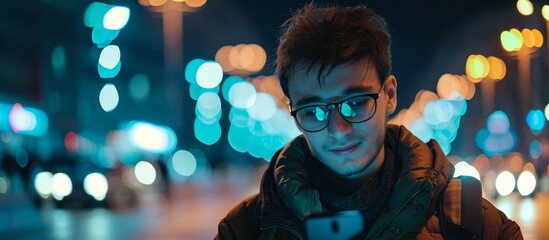 Young man in city at night, using smartphone for Bitcoin technologies, investing or trading, with bokeh street lights. - obrazy, fototapety, plakaty