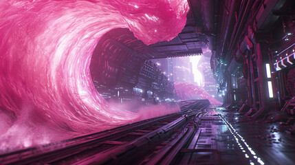 Stunning Massive Neon Waves in True 3D Rendering, Illuminating an Otherworldly Environment.