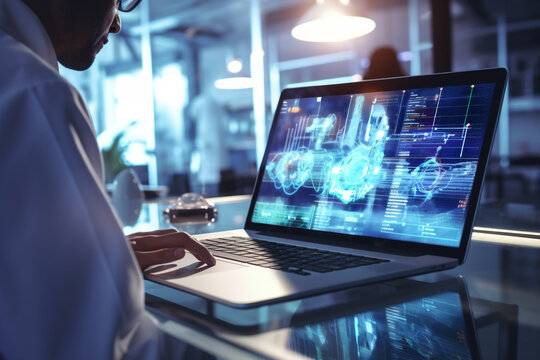 health workers analyze data with computers, displaying holograms of technological sophistication