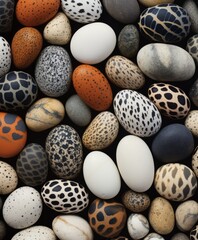 Photorealistic print of various pheasant pebbles,  polka dots style,  realistic usage of light and color, light white and light black, colorized, marine biology-inspired