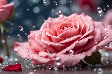 A close-up of a beautiful pink rose flower with dew drops.