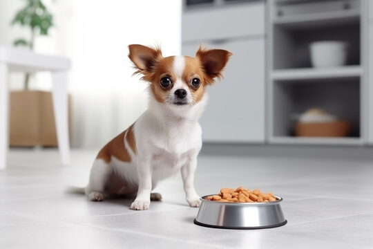 Cute small happy dog near pet food in pets bowl at home. The dog is not eating. Healthy food for pets. Dietary balanced food, space for text. Generative AI