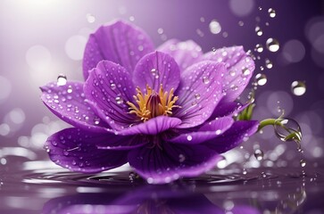 A close-up of a beautiful purple flower with dew drops.