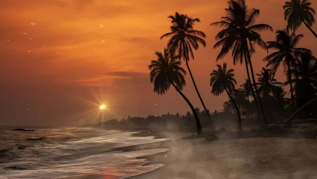 Wild atlantic beach with palm tree silhouettes in Ghana. beautiful sunset view in a beach. seamless looping overlay 4k virtual video animation background 