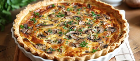 A tasty morning or mid-morning delight is a quiche with crab and mushrooms.