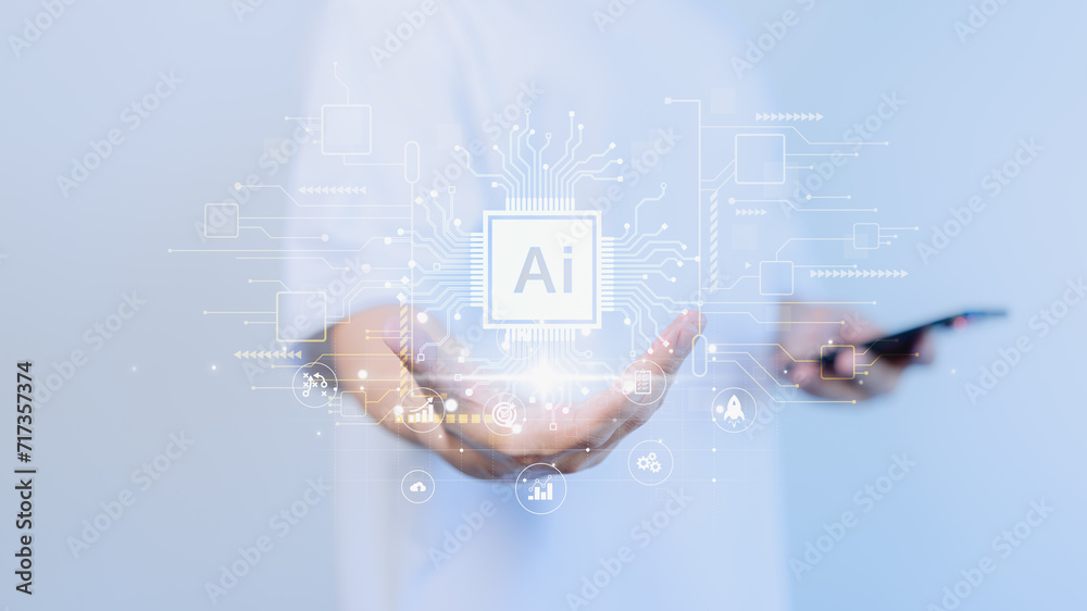 Fototapete Ai connect business technology, User show virtual screen with Ai graphic for business global, internet Chat with AI, Artificial Intelligence. Man using command prompt for generate something in design.